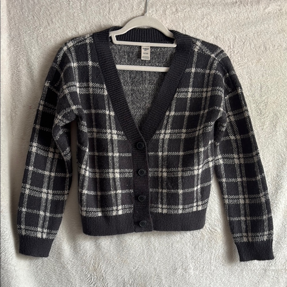 Oshkosh B’gosh Plaid Charcoal and White Girl’s  Sweater in Sz 14